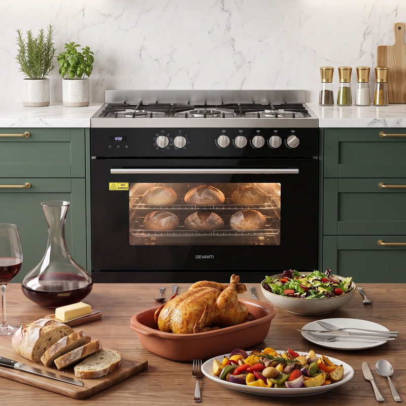 Devanti 90cm Dual Fuel Cooker – 5 Burner Gas Cooktop & Electric Oven