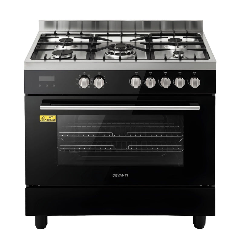 Devanti 90cm Dual Fuel Cooker – 5 Burner Gas Cooktop & Electric Oven