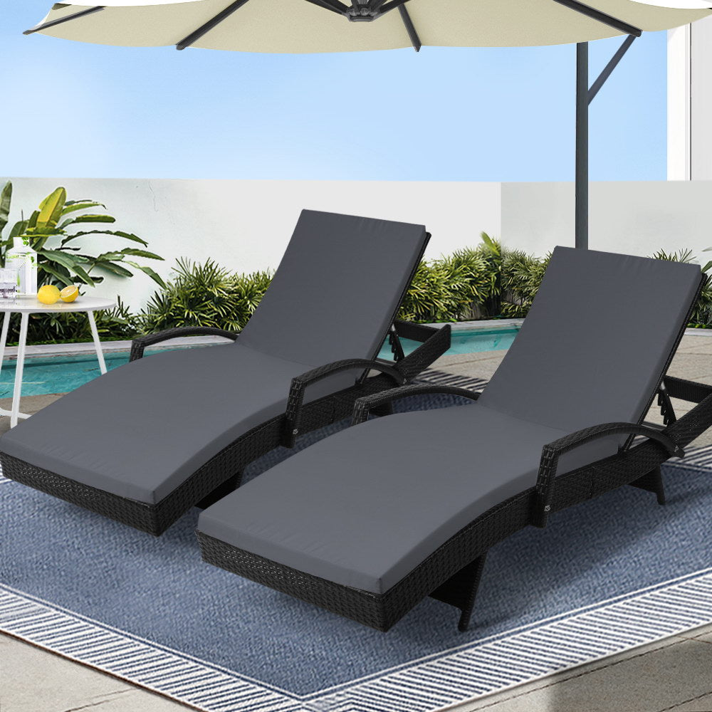 Gardeon 2PC Wicker Sun Lounger Set – Adjustable Black