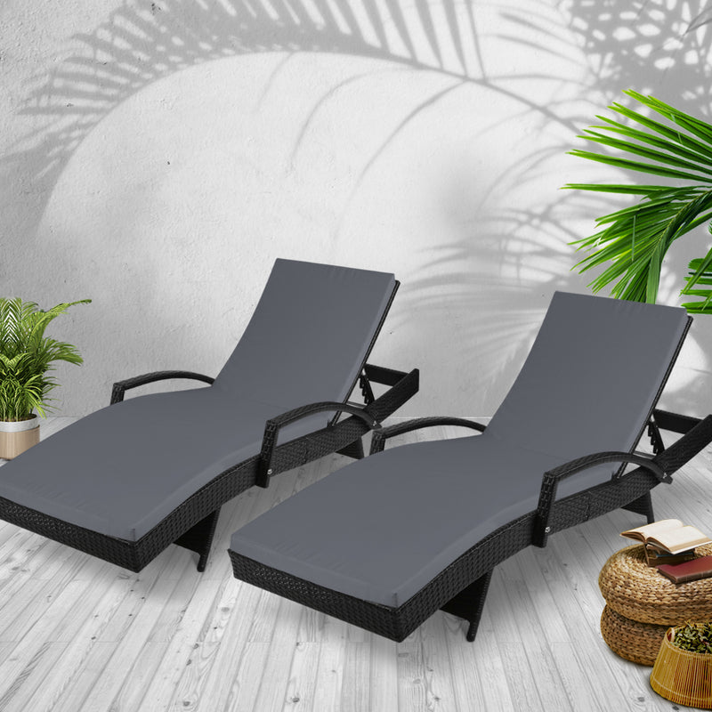 Gardeon 2PC Wicker Sun Lounger Set – Adjustable Black