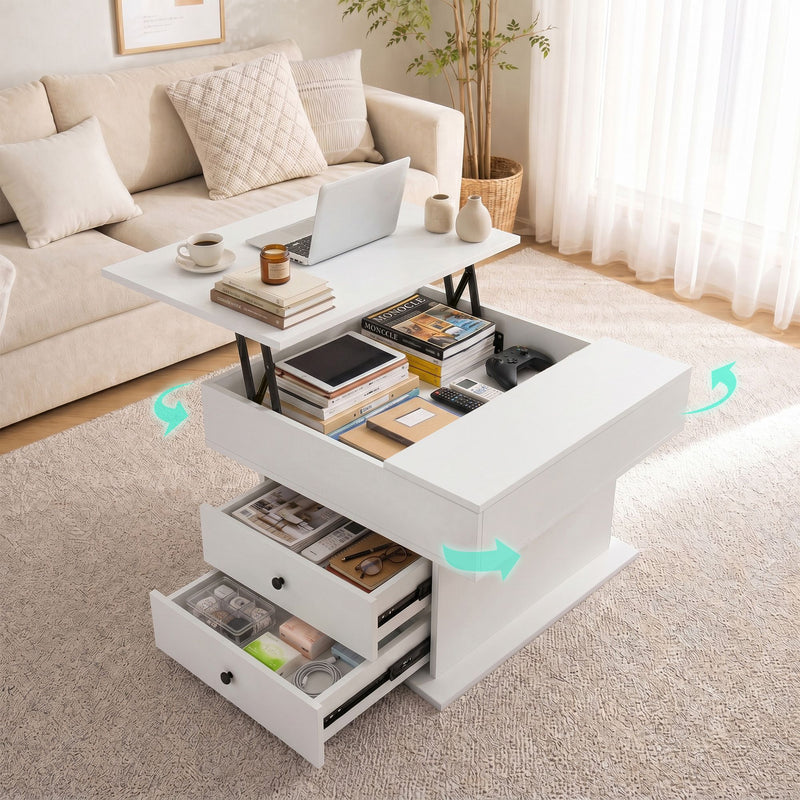 Artiss Lift Top Coffee Table with Rotating Top & Hidden Storage – White