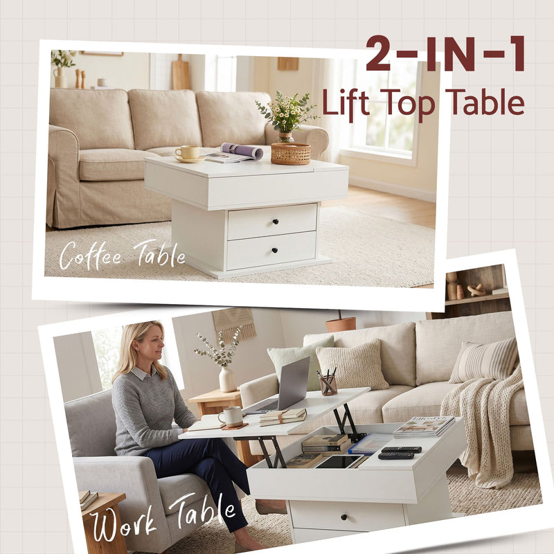 Artiss Lift Top Coffee Table with Rotating Top & Hidden Storage – White