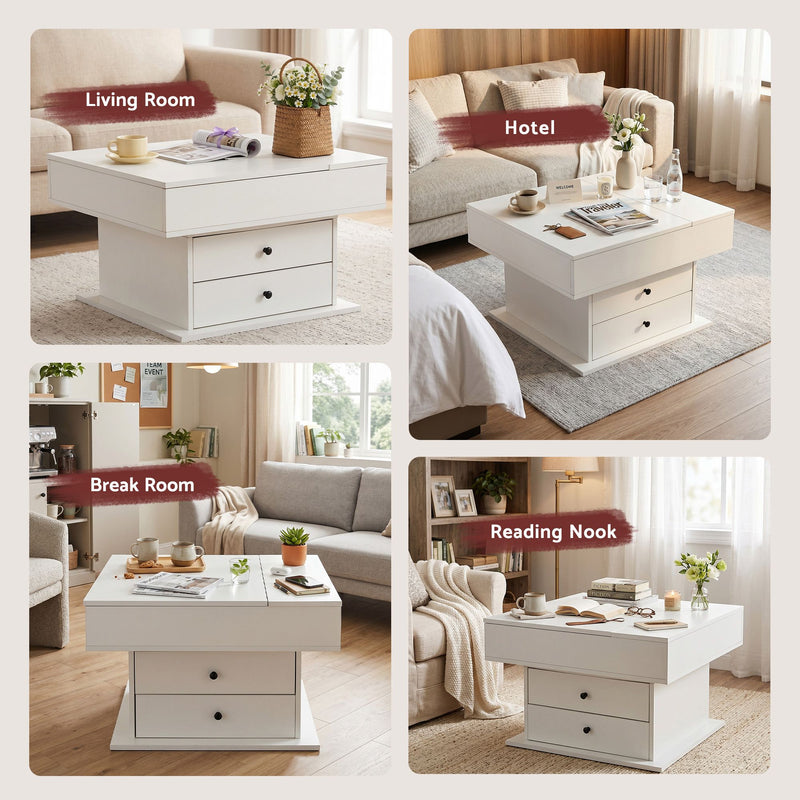 Artiss Lift Top Coffee Table with Rotating Top & Hidden Storage – White