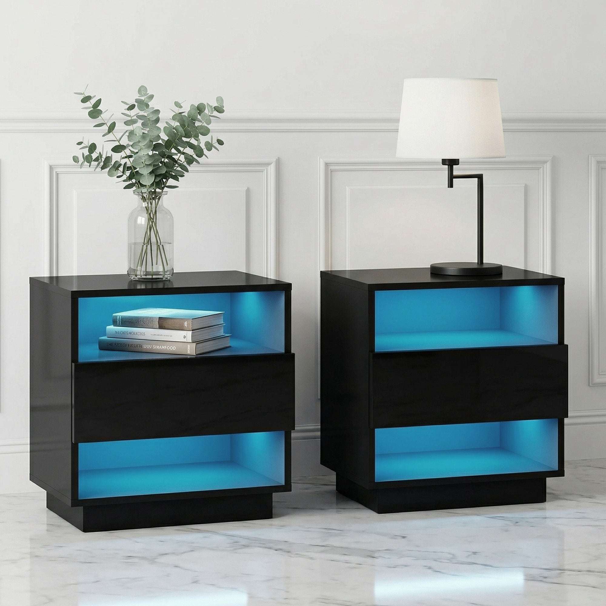 Artiss 2x LED Bedside Tables – HANA Black with Shelves