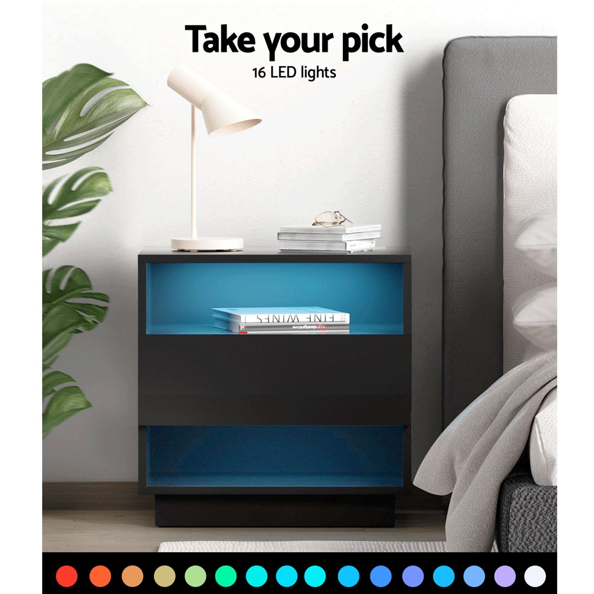Artiss 2x LED Bedside Tables – HANA Black with Shelves