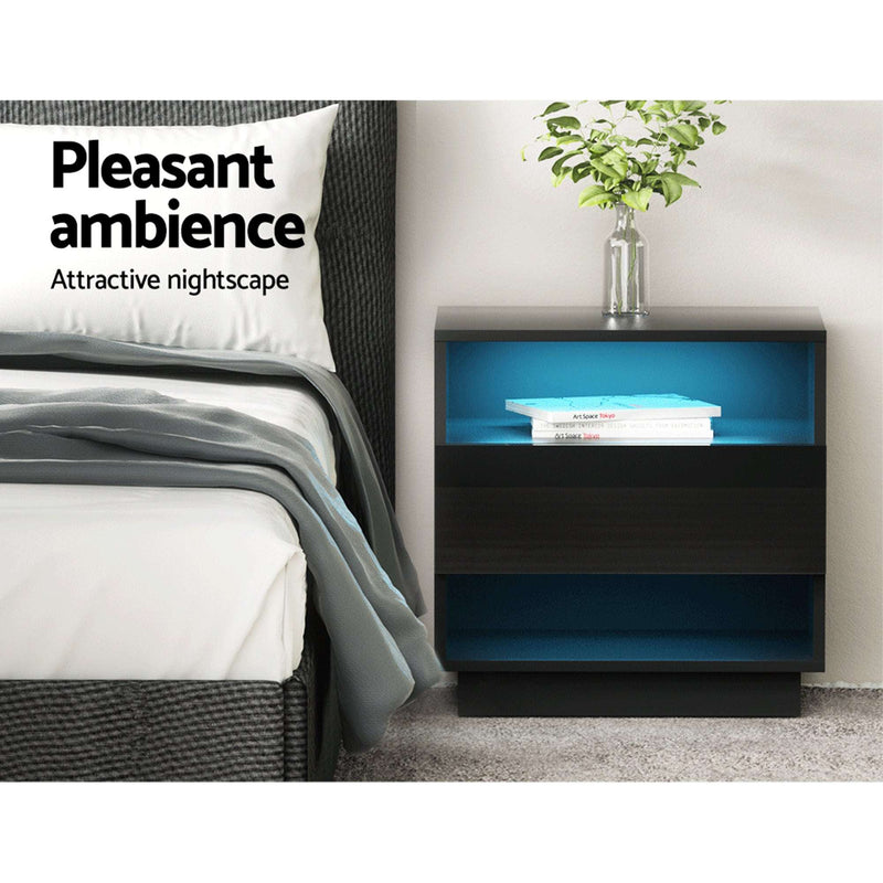 Artiss 2x LED Bedside Tables – HANA Black with Shelves