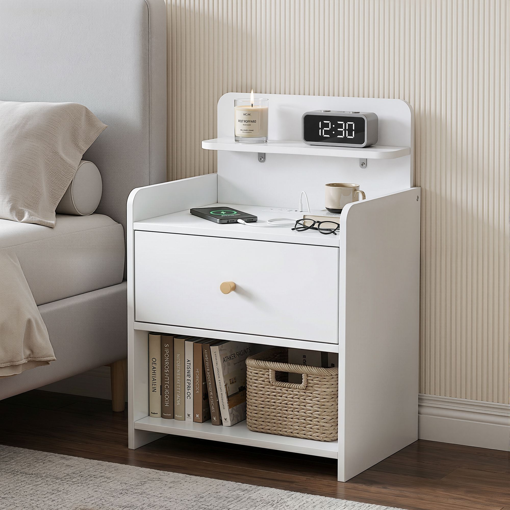 Artiss Bedside Table with Charging Station – White