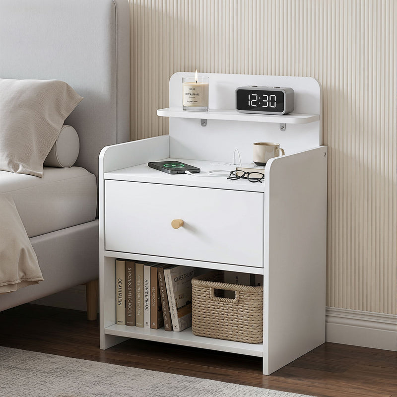 Artiss Bedside Table with Charging Station – White