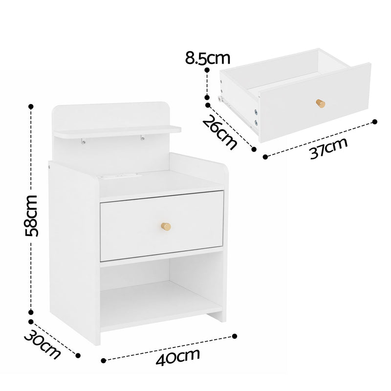 Artiss Bedside Table with Charging Station – White