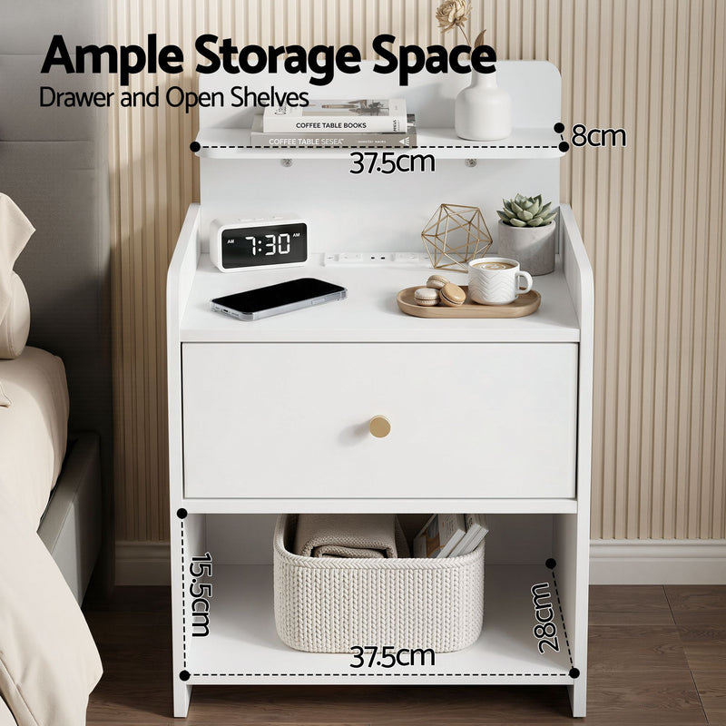 Artiss Bedside Table with Charging Station – White