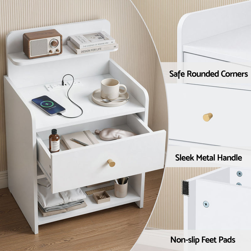 Artiss Bedside Table with Charging Station – White