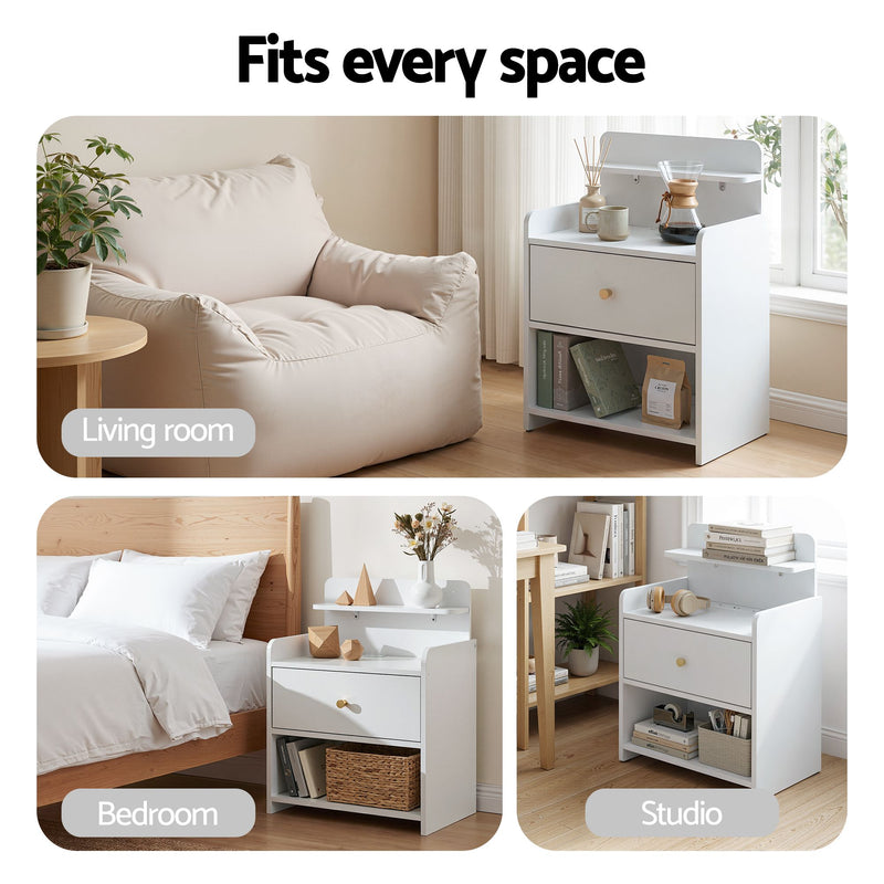 Artiss Bedside Table with Charging Station – White