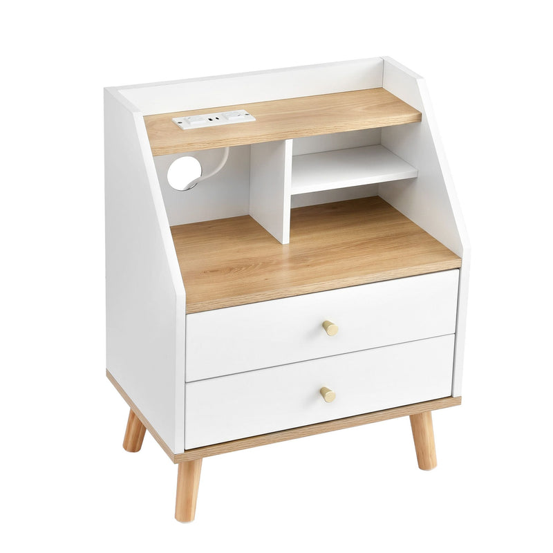 Artiss Bedside Table with Charging Station – White & Pine