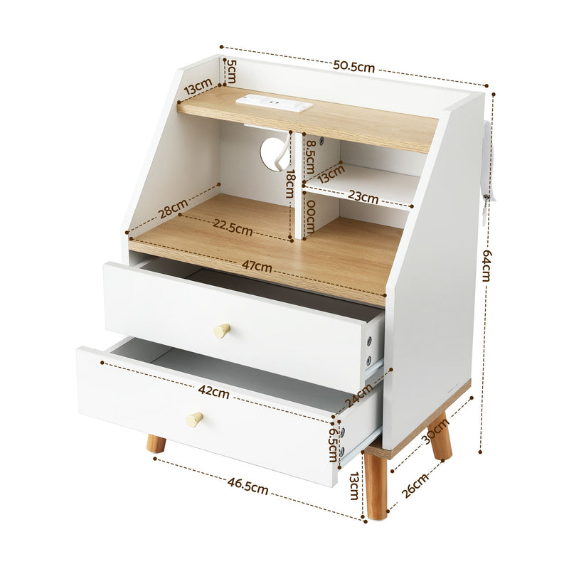 Artiss Bedside Table with Charging Station – White & Pine