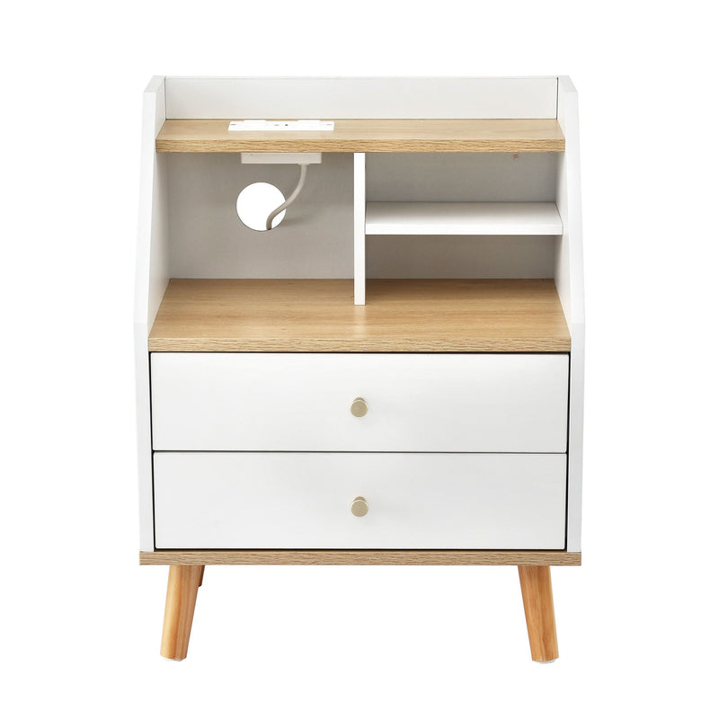 Artiss Bedside Table with Charging Station – White & Pine