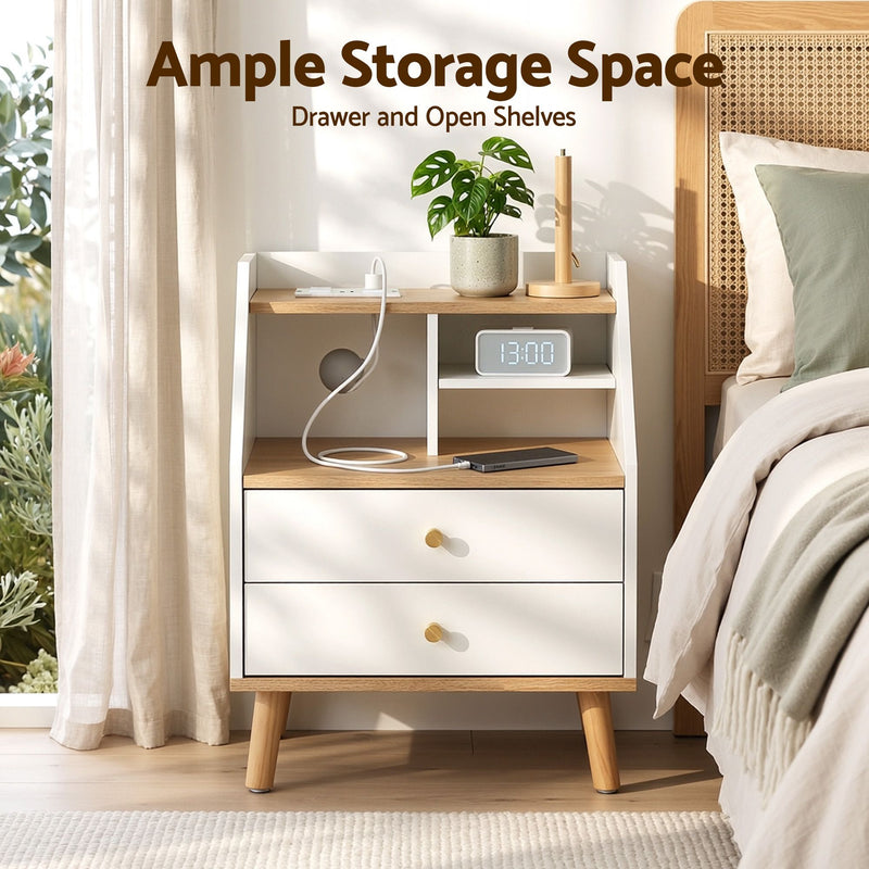 Artiss Bedside Table with Charging Station – White & Pine