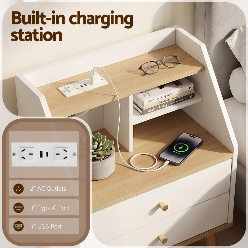 Artiss Bedside Table with Charging Station – White & Pine