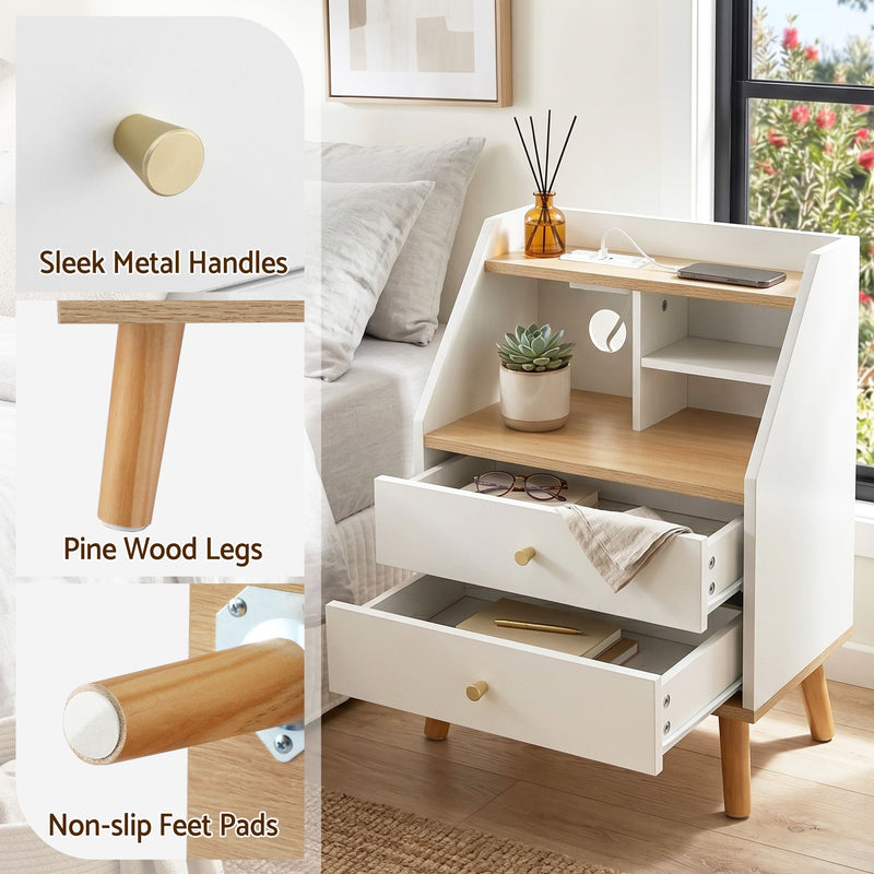 Artiss Bedside Table with Charging Station – White & Pine