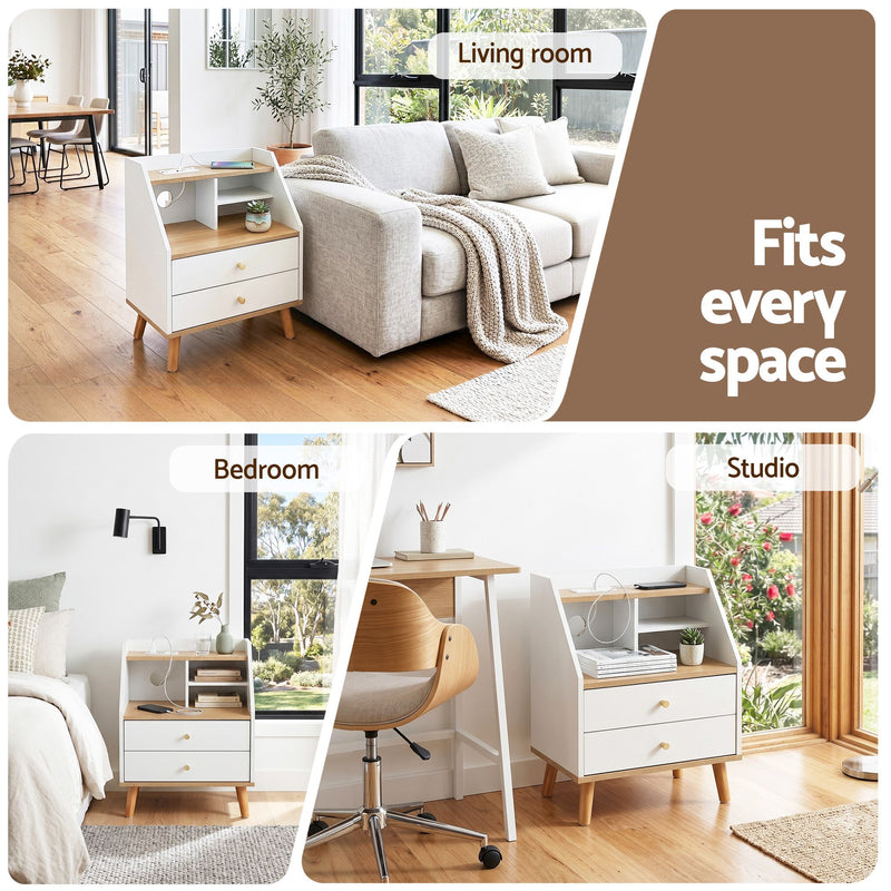 Artiss Bedside Table with Charging Station – White & Pine