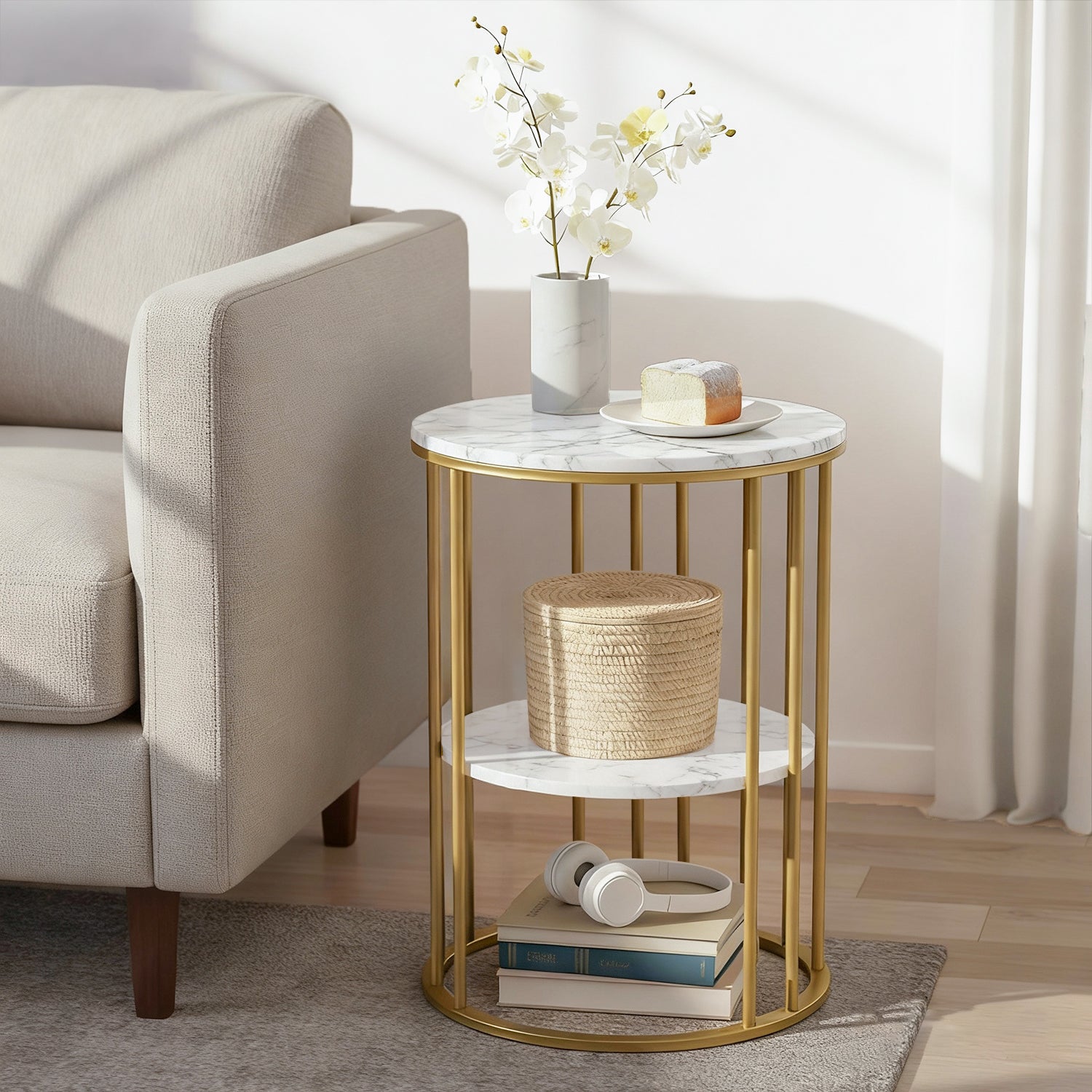 Round 2-Tier Marble Coffee Table – White & Gold