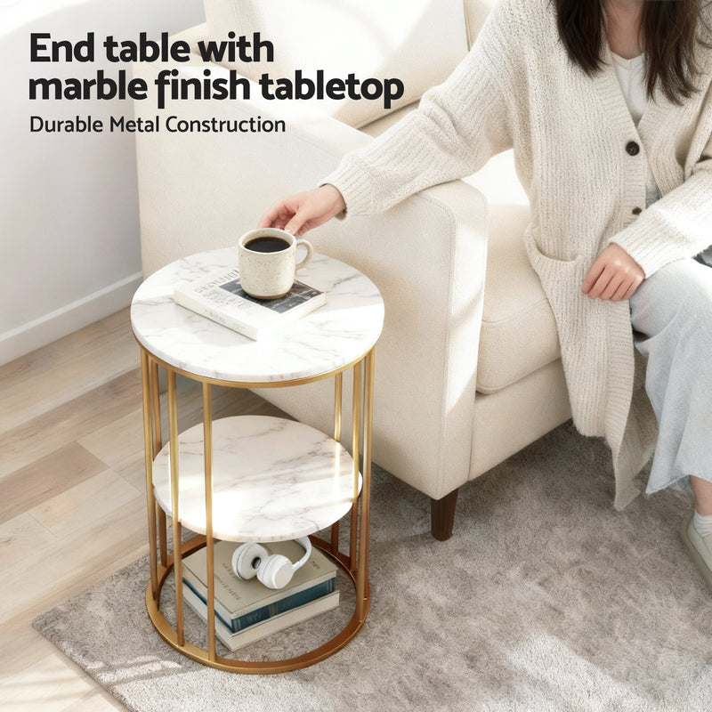 Round 2-Tier Marble Coffee Table – White & Gold