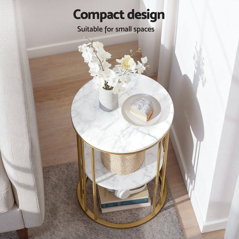 Round 2-Tier Marble Coffee Table – White & Gold