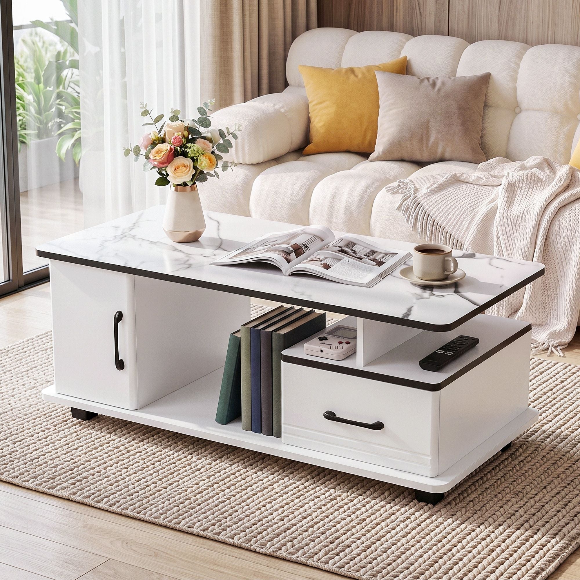 Artiss Coffee Table with Storage Drawer – Marble Finish, White