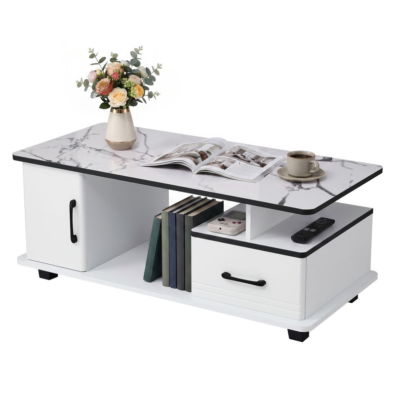 Artiss Coffee Table with Storage Drawer – Marble Finish, White