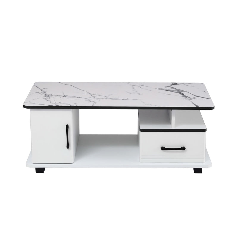 Artiss Coffee Table with Storage Drawer – Marble Finish, White