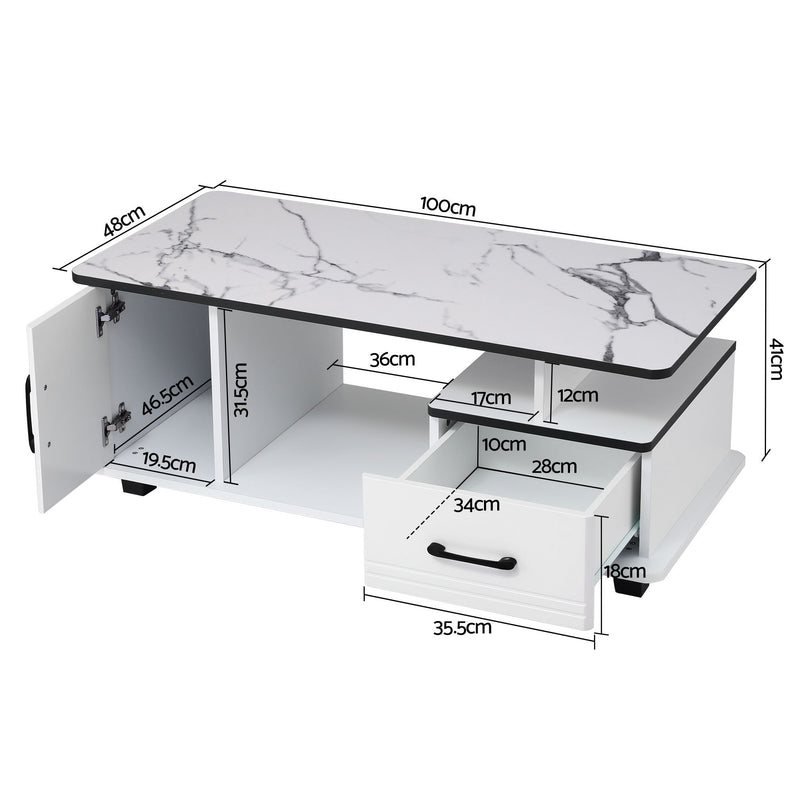 Artiss Coffee Table with Storage Drawer – Marble Finish, White