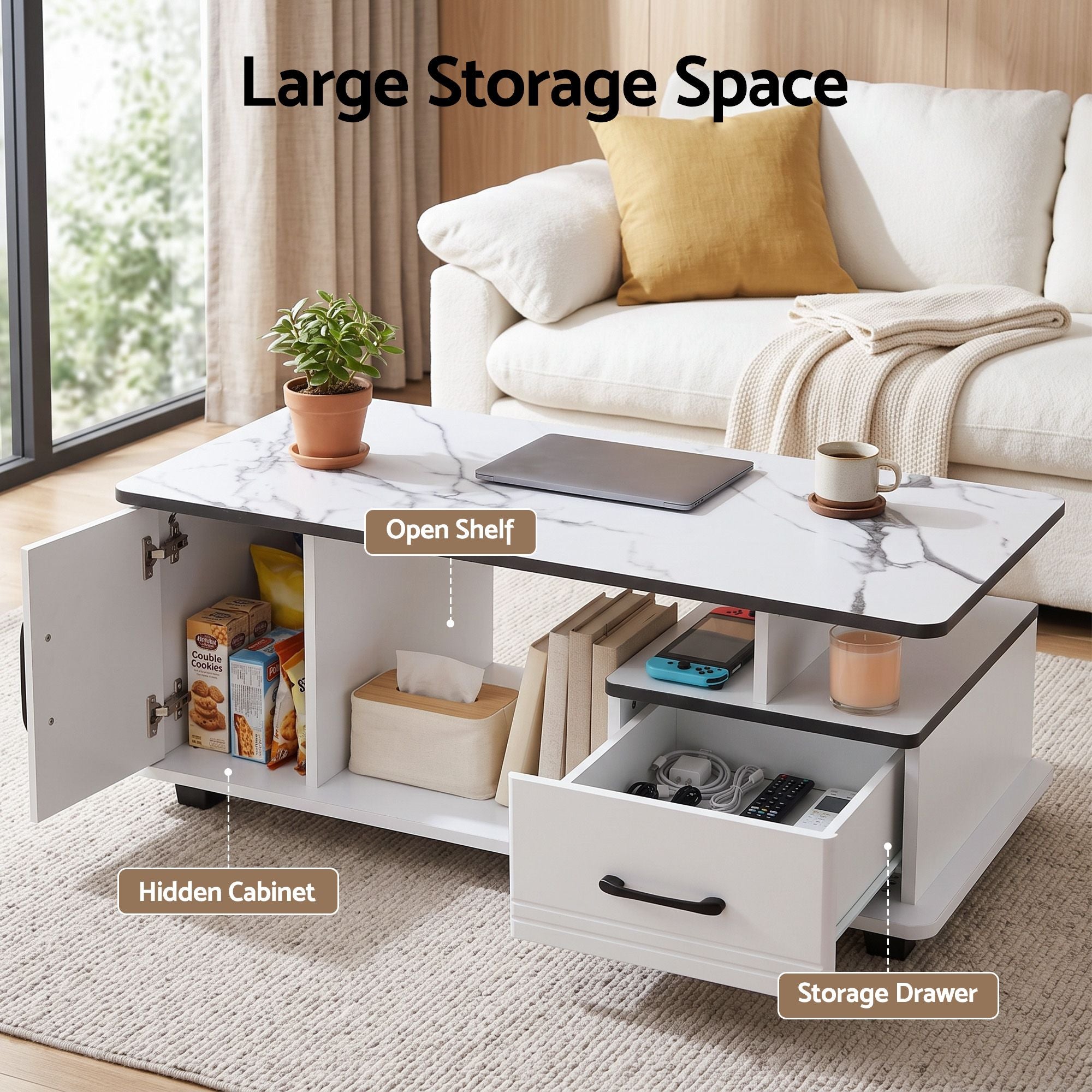 Artiss Coffee Table with Storage Drawer – Marble Finish, White