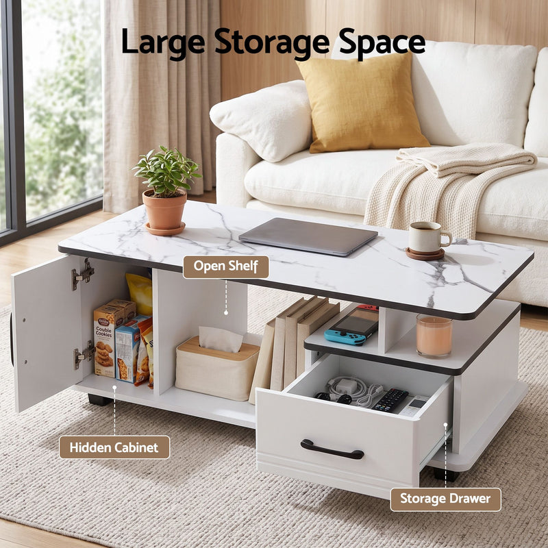 Artiss Coffee Table with Storage Drawer – Marble Finish, White