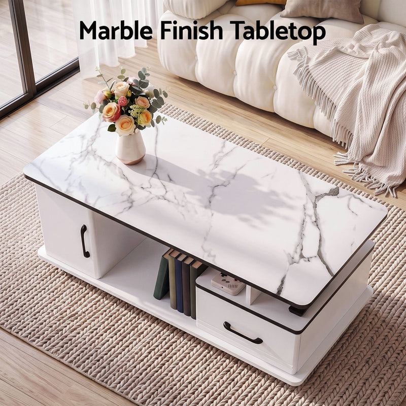 Artiss Coffee Table with Storage Drawer – Marble Finish, White