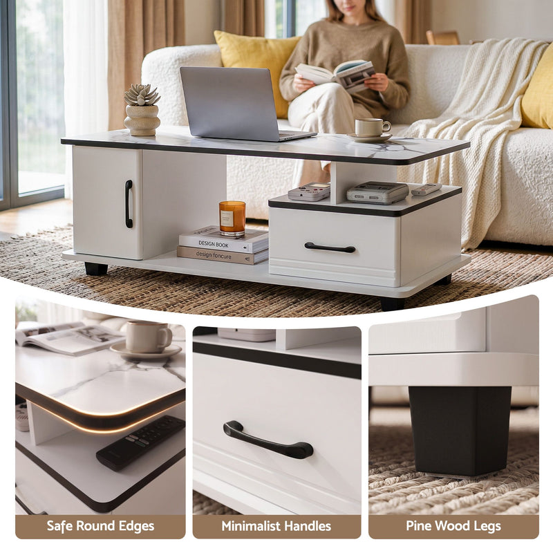 Artiss Coffee Table with Storage Drawer – Marble Finish, White