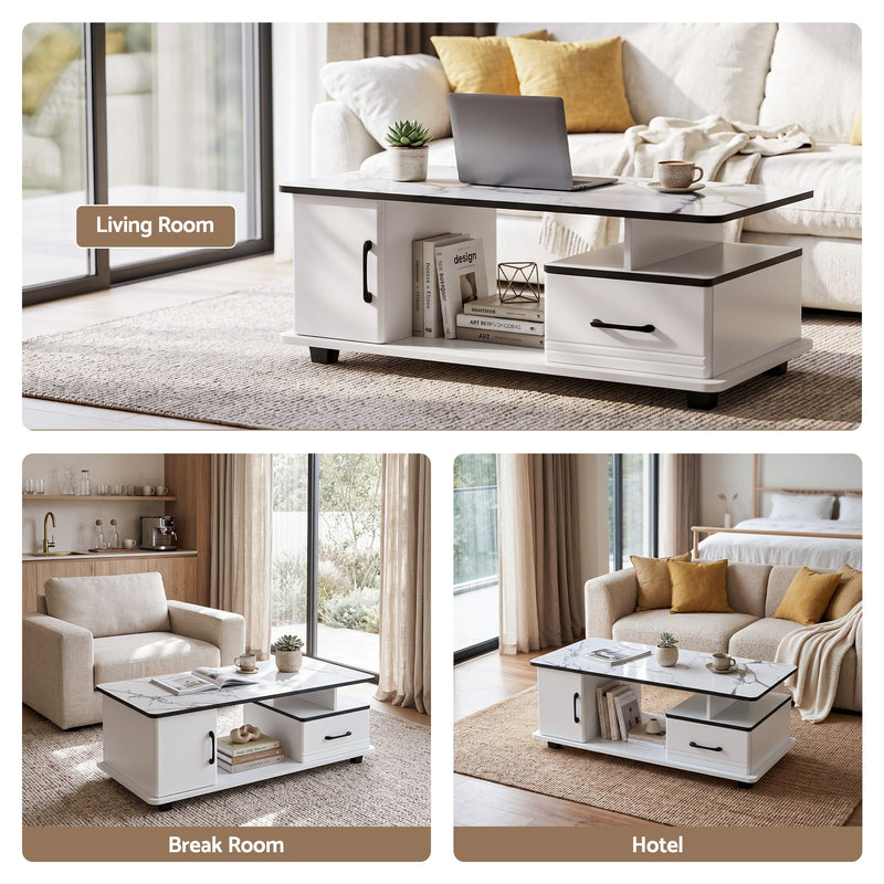 Artiss Coffee Table with Storage Drawer – Marble Finish, White