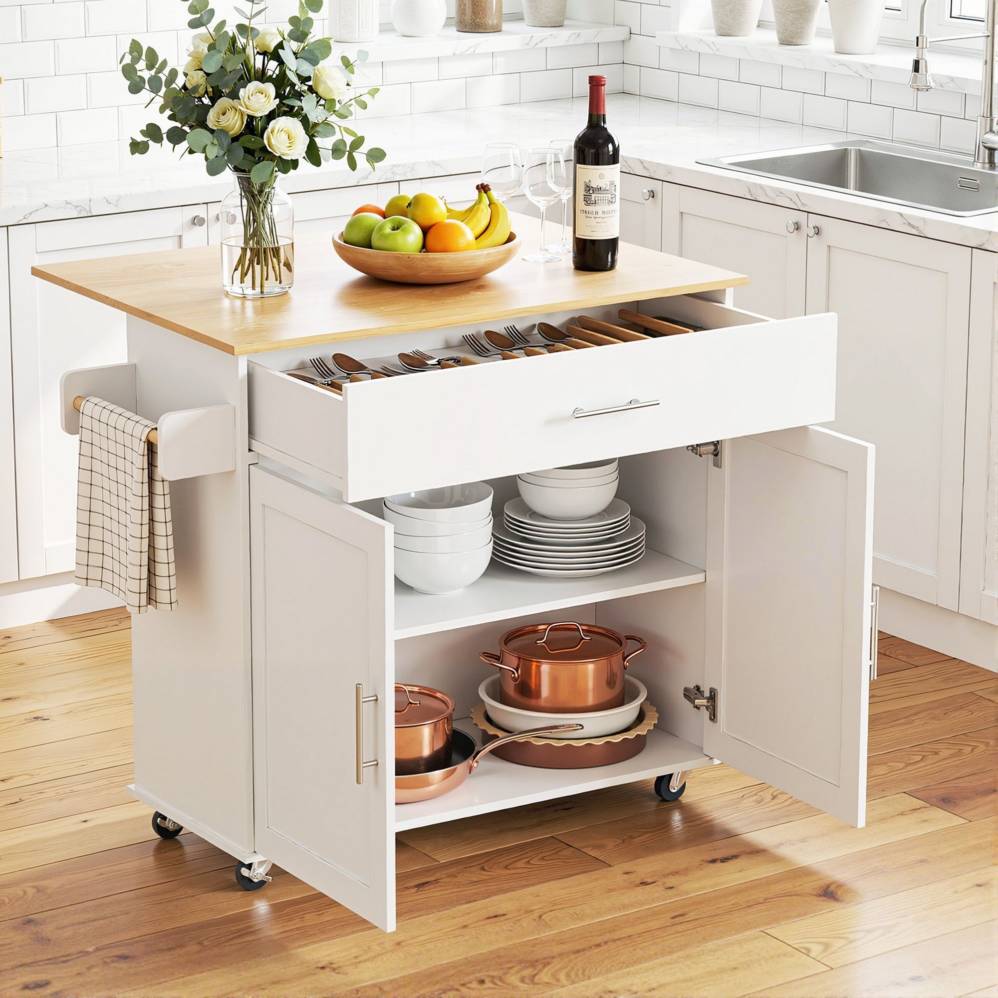 Kitchen Island Trolley Cabinet 90cm White