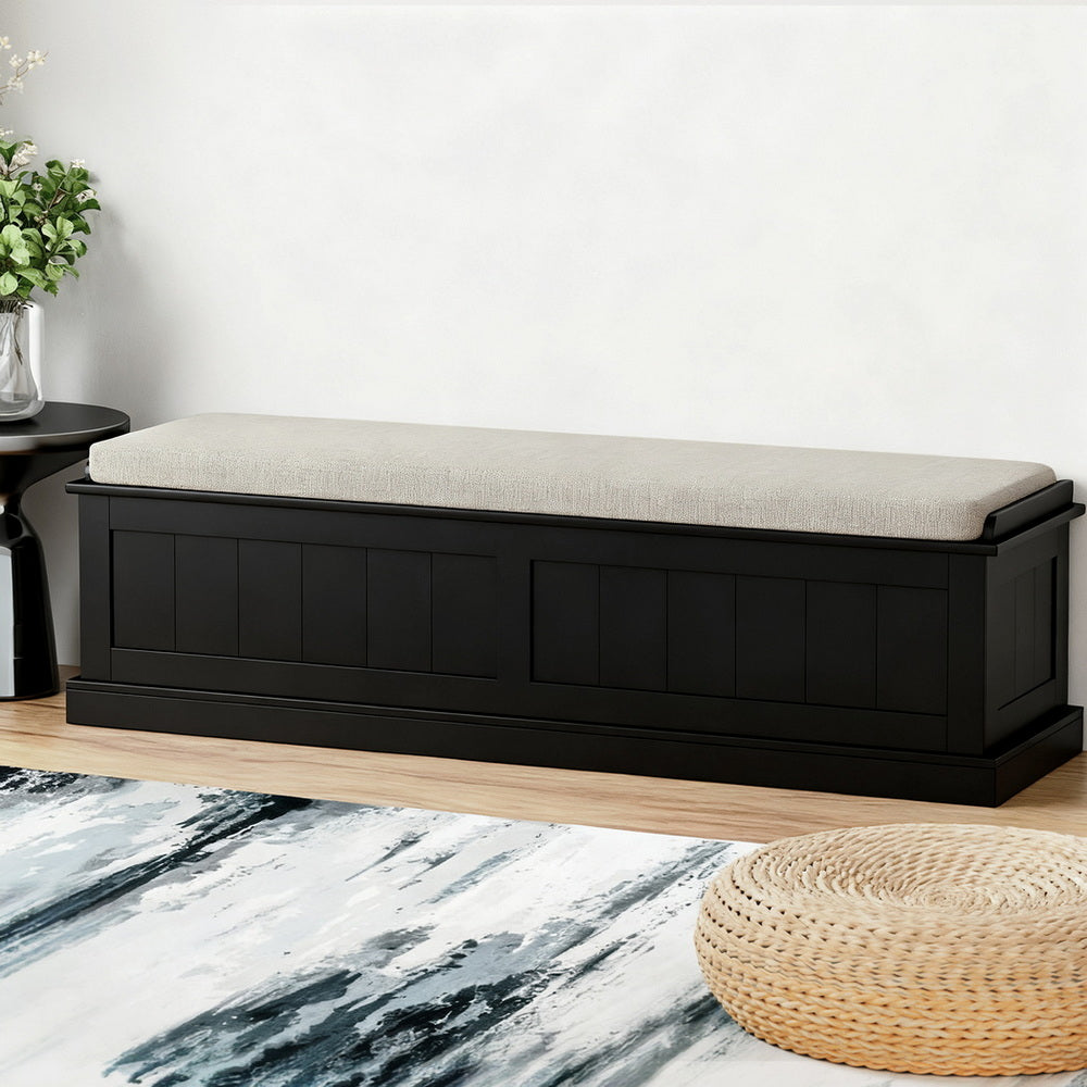 140cm Black Storage Ottoman – Fluted Design