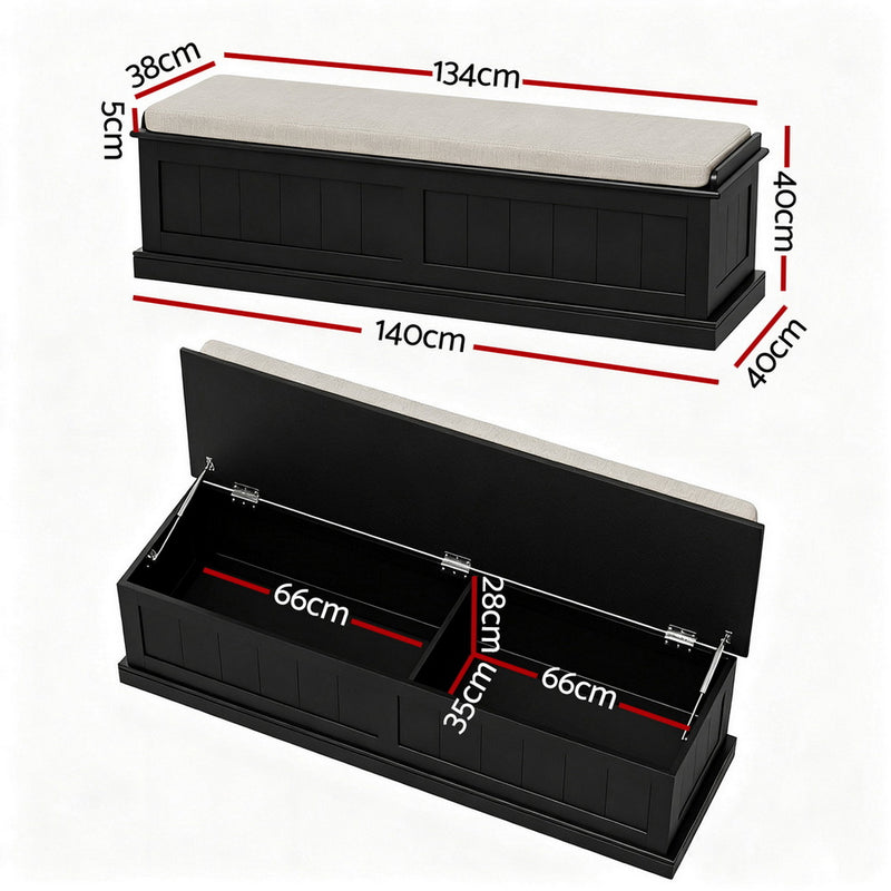 140cm Black Storage Ottoman – Fluted Design