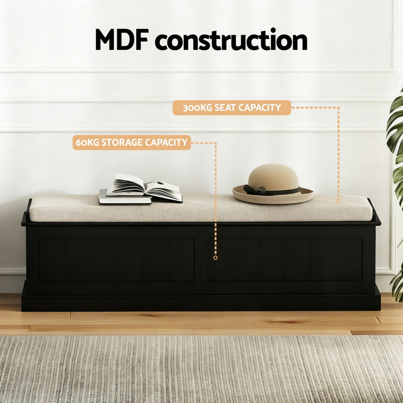 140cm Black Storage Ottoman – Fluted Design