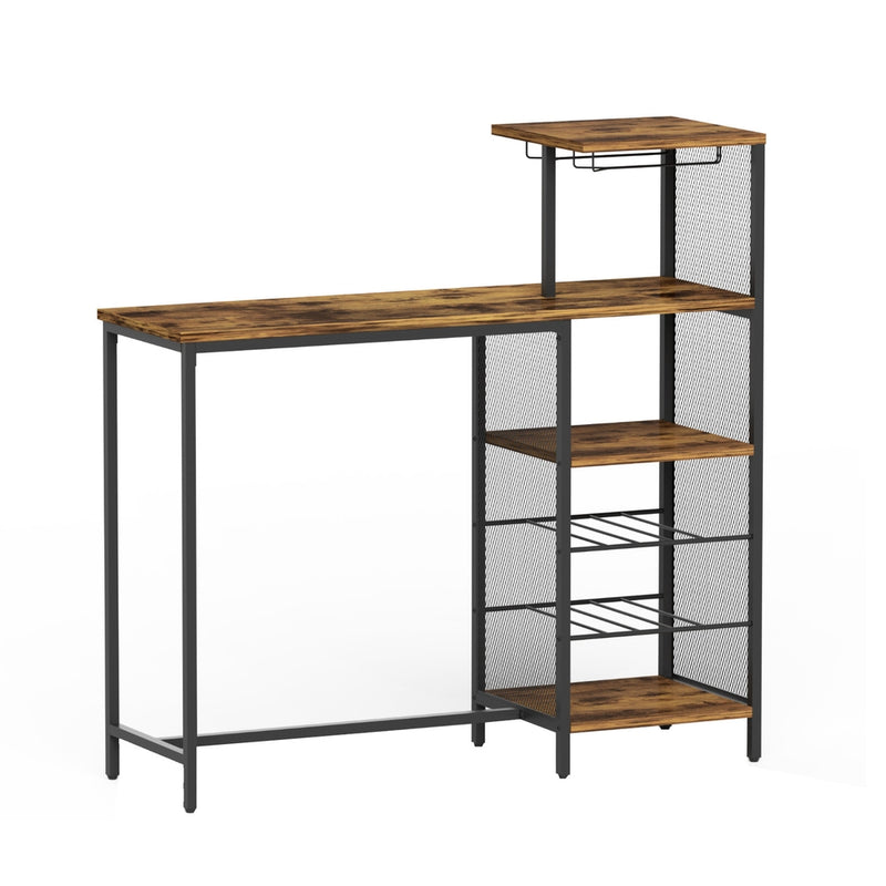Industrial Bar Table with Wine Rack Cup Holder Multi-Level Storage - Walnut