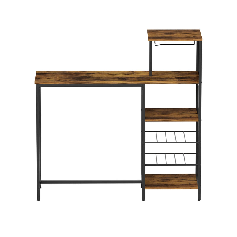 Industrial Bar Table with Wine Rack Cup Holder Multi-Level Storage - Walnut