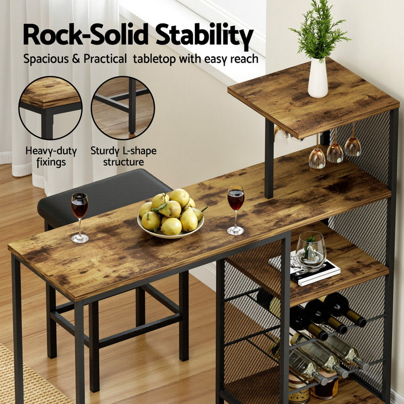 Industrial Bar Table with Wine Rack Cup Holder Multi-Level Storage - Walnut