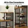Industrial Bar Table with Wine Rack Cup Holder Multi-Level Storage - Walnut