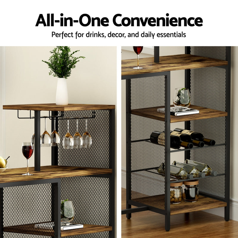 Industrial Bar Table with Wine Rack Cup Holder Multi-Level Storage - Walnut