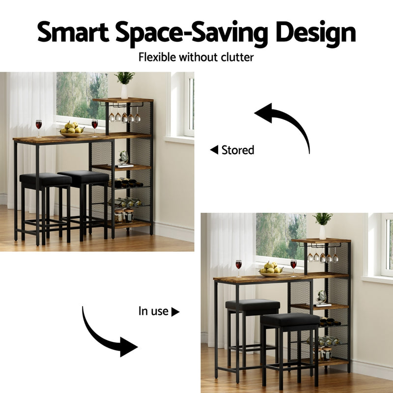 Industrial Bar Table with Wine Rack Cup Holder Multi-Level Storage - Walnut