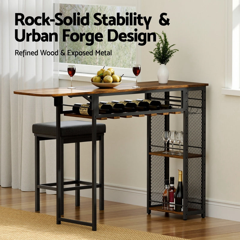 Bar Table with Wine Rack Built-in Cup Holder Extendable