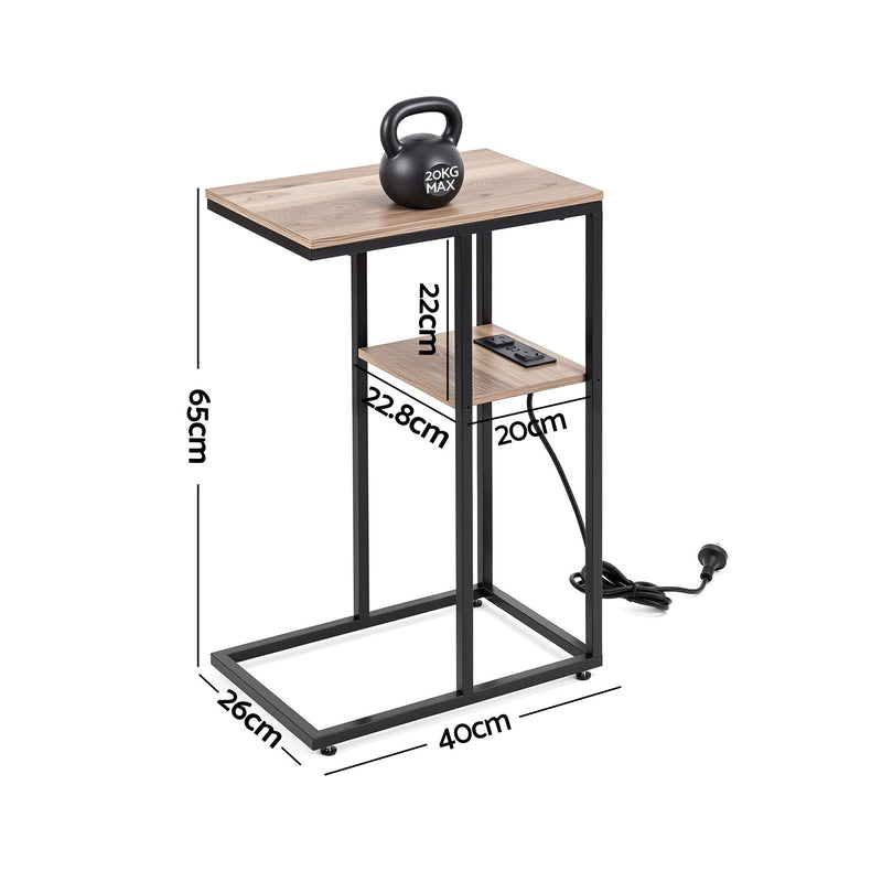 Artiss C-Shaped Side Table with Charging Station – Wood & Black