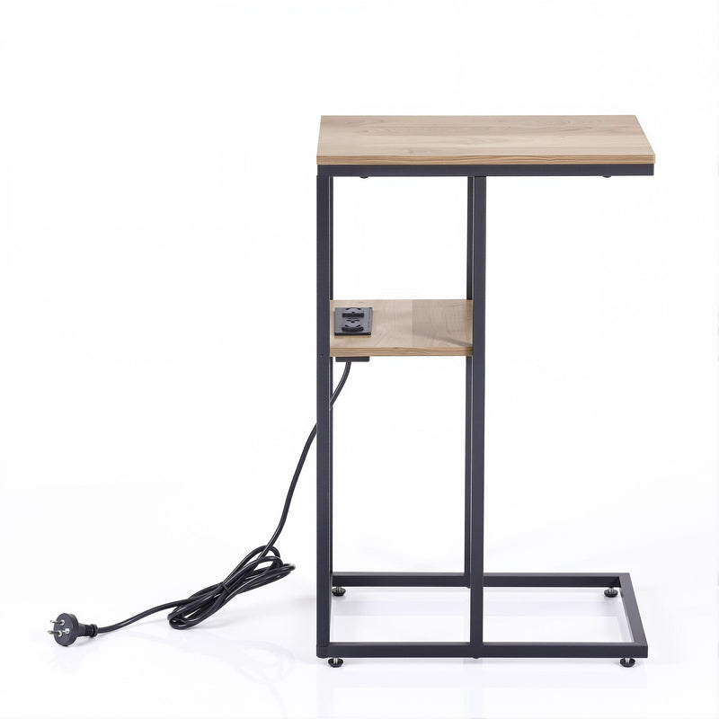 Artiss C-Shaped Side Table with Charging Station – Wood & Black