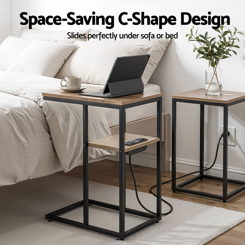 Artiss C-Shaped Side Table with Charging Station – Wood & Black