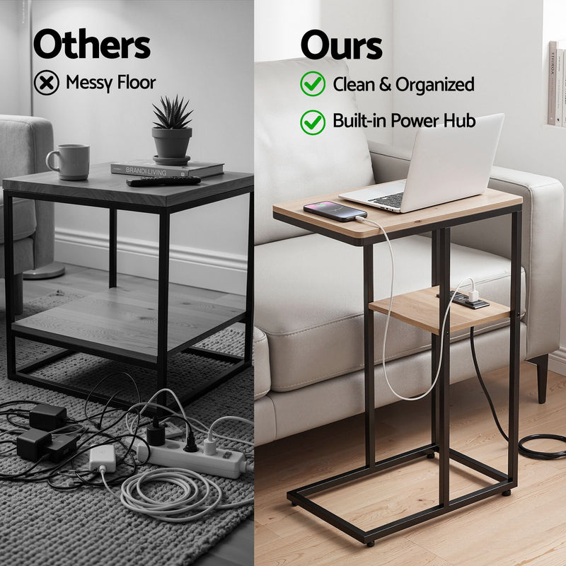 Artiss C-Shaped Side Table with Charging Station – Wood & Black